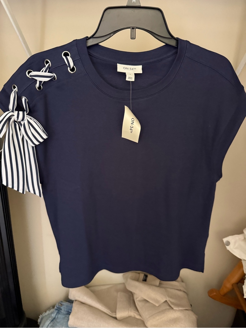 ON 3rd Navy Short Sleeve Tee with Lace-Up Bow Shoulder